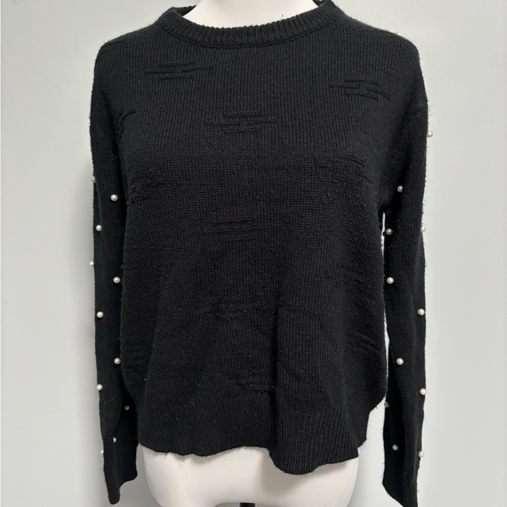 Elegant Black Knit Sweater with Pearl Accents